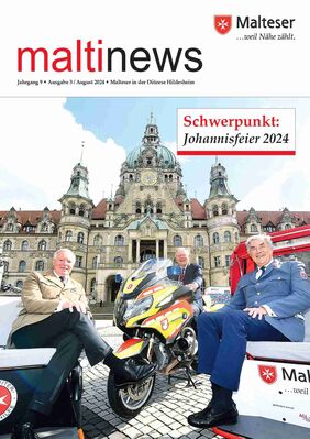 Cover der maltinews Ausgabe August 2024 zeigt Volker Bescht, Stephan Weil und Georg Khevenhüller vor dem neuen Rathaus Hannover